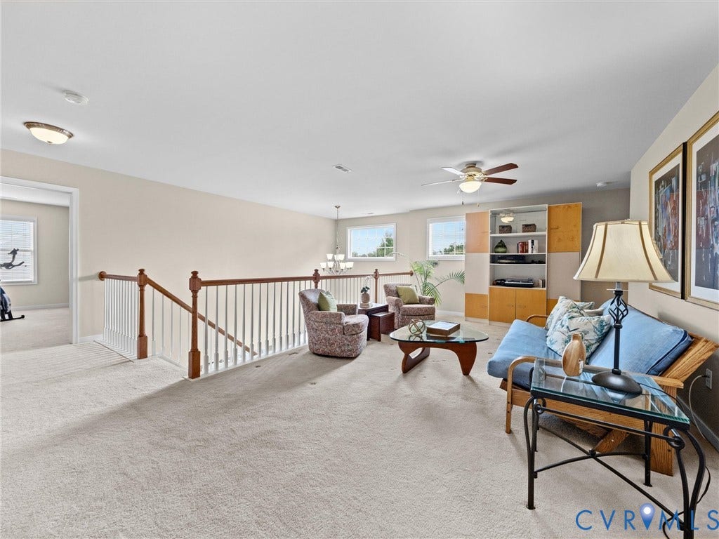 1663 Centerville Parke Lane, The Parke At Centerville, Manakin Sabot, VA 23103 Spacious carpeted loft area with built-in shelving, a ceiling fan, and multiple windows