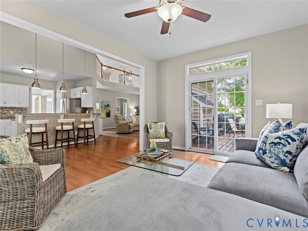 1663 Centerville Parke Lane, The Parke At Centerville, Manakin Sabot, VA 23103 Hardwood flooring, sliding glass door with transom window, white cabinetry, stainless steel appliances, and a ceiling fan with integrated lighting