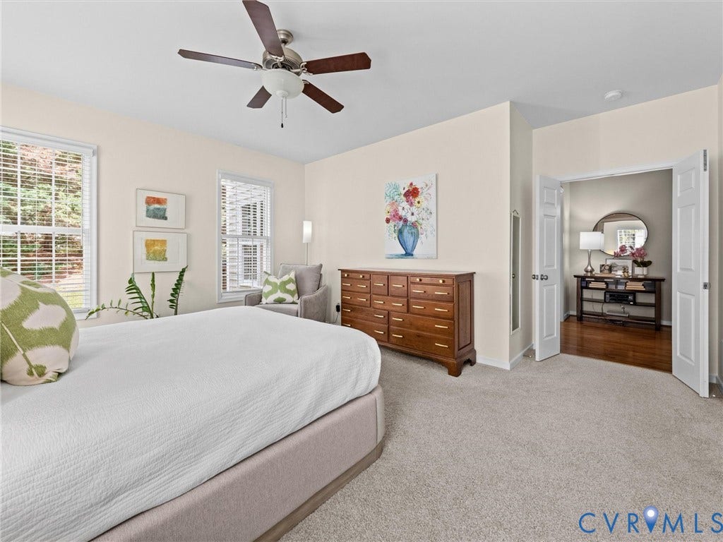 1663 Centerville Parke Lane, The Parke At Centerville, Manakin Sabot, VA 23103 Recessed lighting, ceiling fan with wood-finish blades, two large windows with blinds, and neutral tone carpeting
