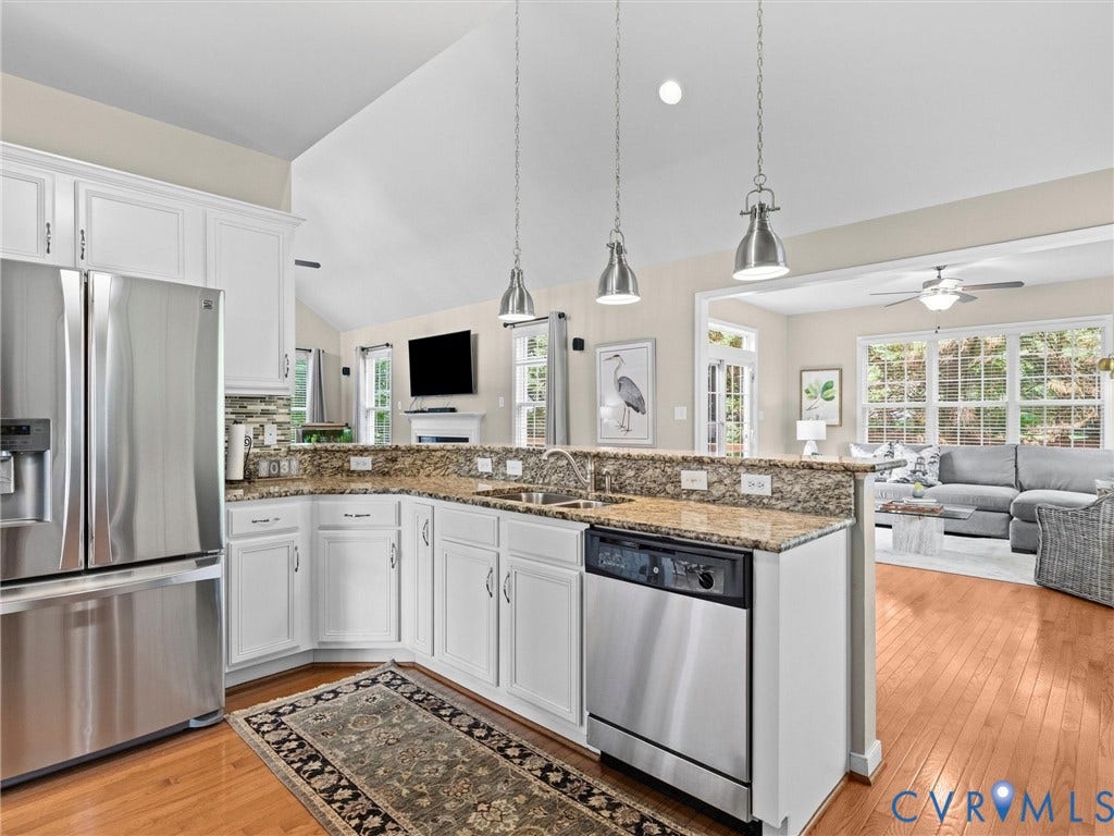 1663 Centerville Parke Lane, The Parke At Centerville, Manakin Sabot, VA 23103 Kitchen featuring wood-finish flooring, white cabinetry, stainless steel appliances, and granite countertops