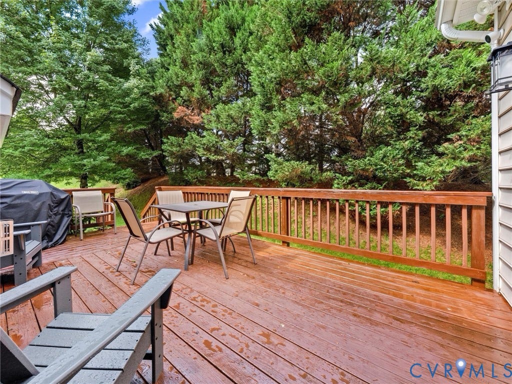 1663 Centerville Parke Lane, The Parke At Centerville, Manakin Sabot, VA 23103 Expansive wood deck with a full wood railing, exterior siding, and integrated exterior lighting
