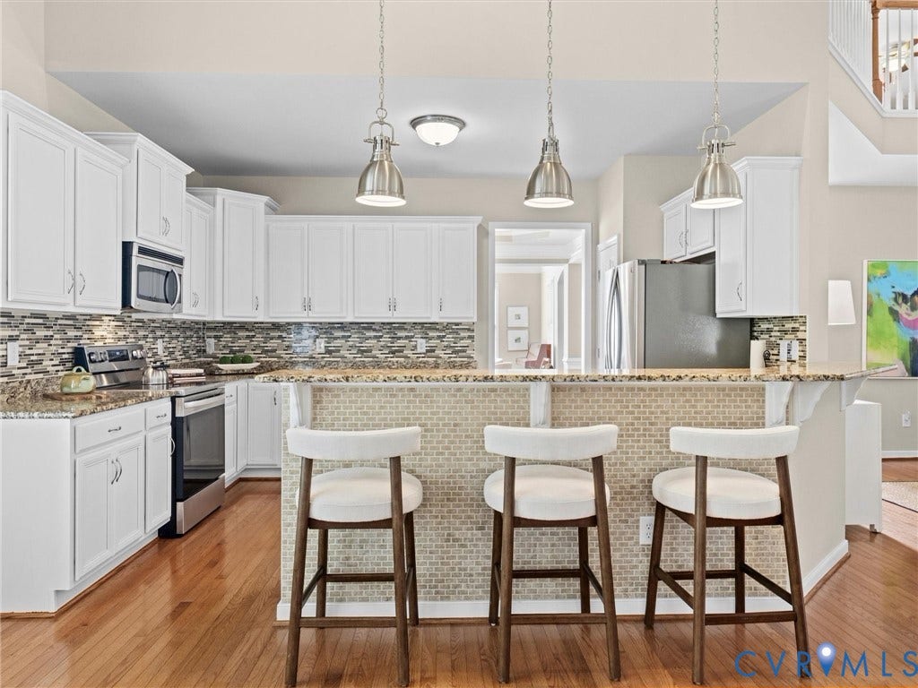 1663 Centerville Parke Lane, The Parke At Centerville, Manakin Sabot, VA 23103 White cabinetry with stainless steel appliances, granite countertops, and a mosaic tile backsplash