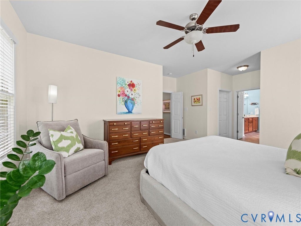 1663 Centerville Parke Lane, The Parke At Centerville, Manakin Sabot, VA 23103 Neutral tone wall paint, light-colored carpeting, a ceiling fan with integrated lighting, and multiple paneled doors