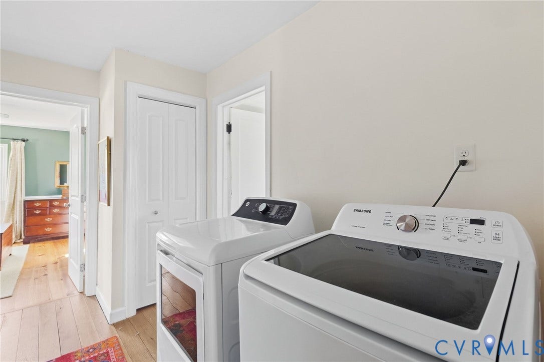 4109 Whitehall Road, Sandy Hook, VA 23153 Laundry area with wood-finish flooring and bi-fold closet doors
