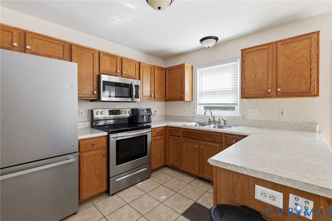 1429 Almondberry Place, Henrico, VA 23231 Kitchen featuring wood cabinetry, stainless steel appliances, a double basin sink, light-toned countertops, and tile flooring