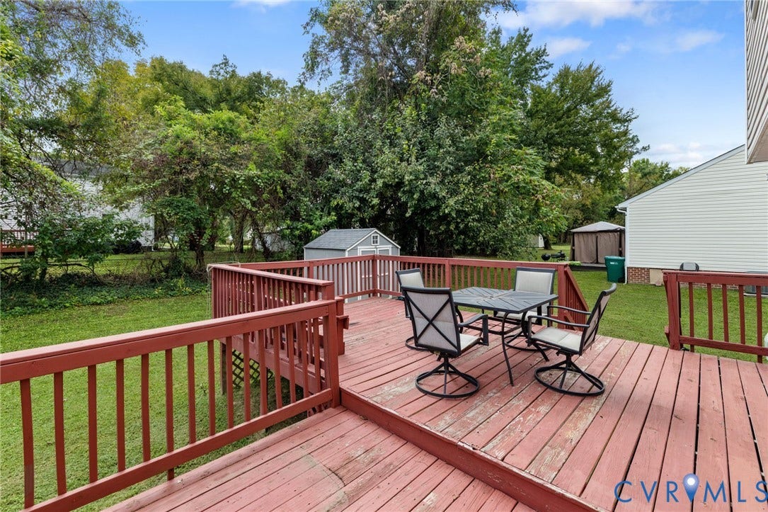1429 Almondberry Place, Henrico, VA 23231 Expansive outdoor deck with wood railings, overlooking a large grassy yard and mature trees