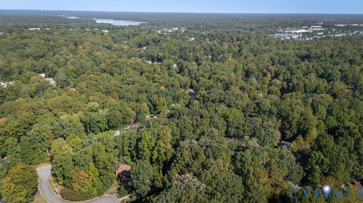 Expansive wooded landscape with a distant body of water visible on the horizon