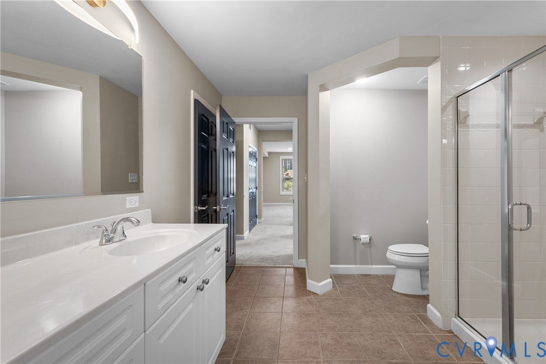 4820 Old Main Street, #301, Henrico, VA 23231 Bathroom with a white vanity featuring a single sink, chrome faucet, and integrated mirror
