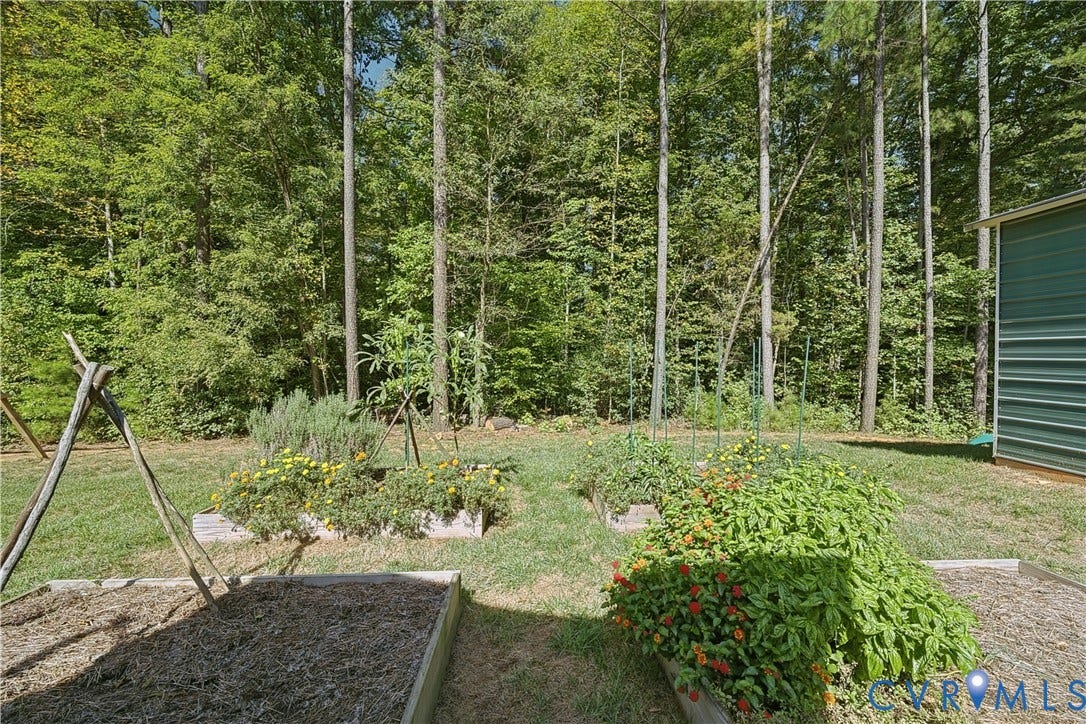 700 Manchester Road, Louisa, VA 23024 Garden area featuring multiple raised beds, cultivated plants, and a backdrop of mature trees