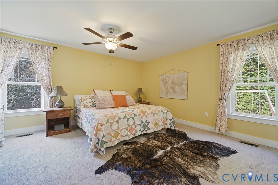 700 Manchester Road, Louisa, VA 23024 Light-colored carpeting, multiple windows, a ceiling fan with light fixture, and white trim