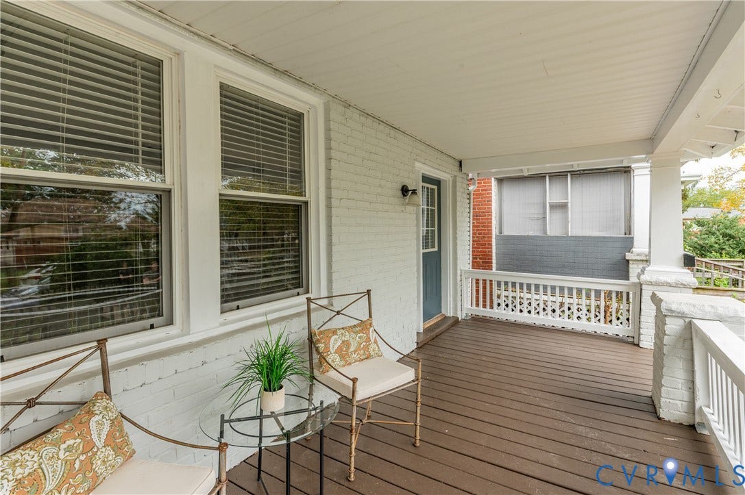 2224 Seminary Avenue, Richmond, VA 23220 Covered front porch featuring wood-finish decking and white painted brick