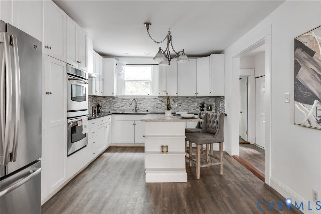 2224 Seminary Avenue, Richmond, VA 23220 Contemporary kitchen featuring stainless steel appliances, white cabinetry, a light-toned backsplash, dark countertops, and wood-finish flooring