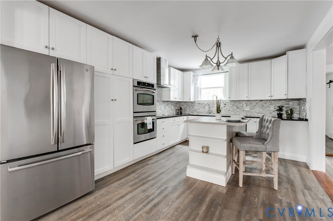 2224 Seminary Avenue, Richmond, VA 23220 Kitchen featuring stainless steel appliances, white cabinetry, dark countertops, a mosaic tile backsplash, and wood-finish flooring