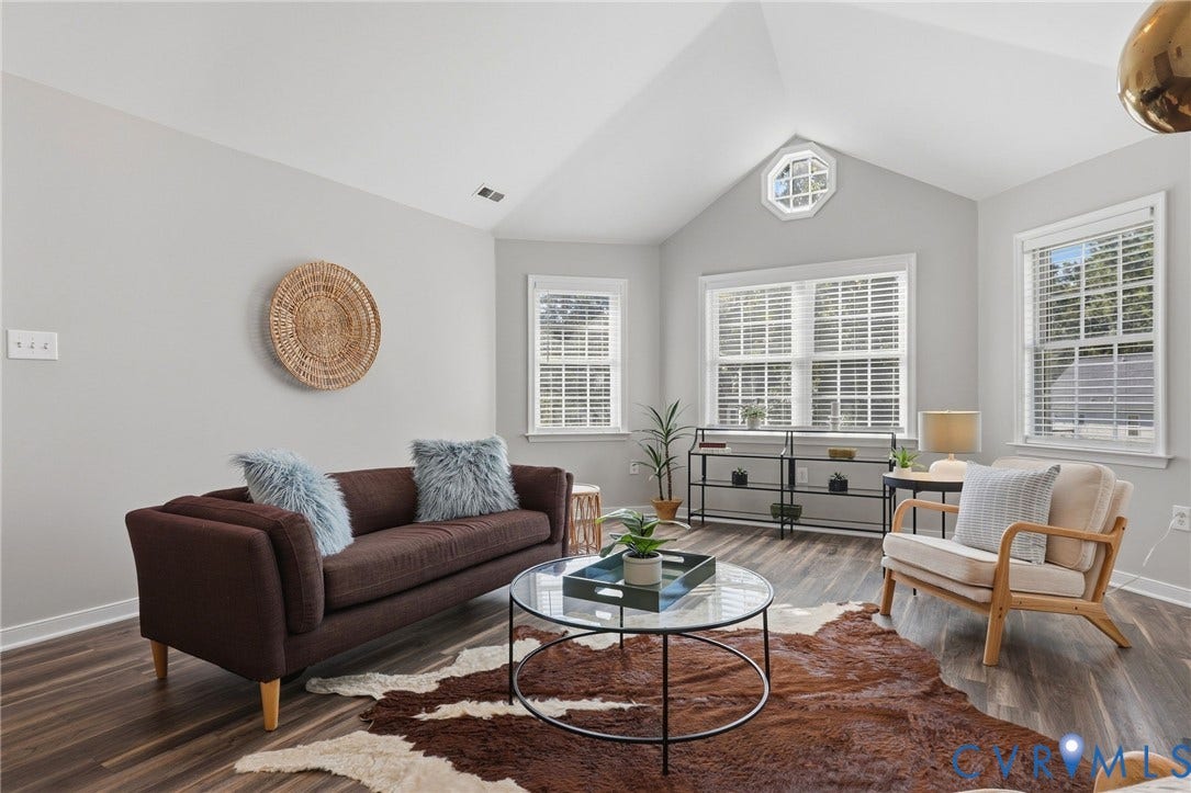 932 Ayers Way, Ayers Tavern, Glen Allen, VA 23060 Vaulted ceiling with an octagonal window, wood-finish flooring, multiple windows with blinds, and light-toned walls