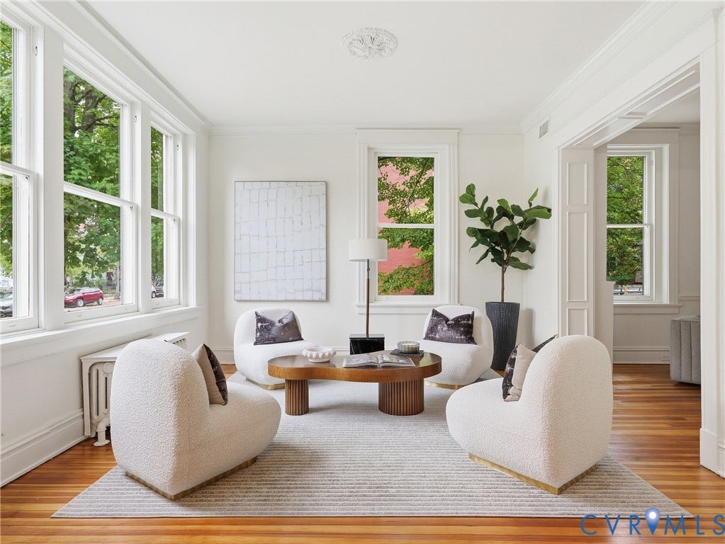 1901 Hanover Avenue, Fan, Richmond, VA 23220 Hardwood flooring throughout, multiple large windows, detailed crown molding, decorative ceiling medallion, and white trim work