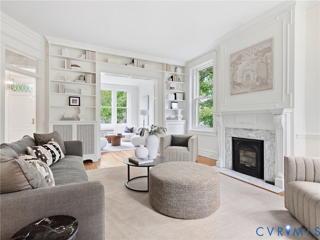 1901 Hanover Avenue, Fan, Richmond, VA 23220 Hardwood flooring throughout, built-in shelving, marble-clad fireplace, detailed crown molding, and large windows