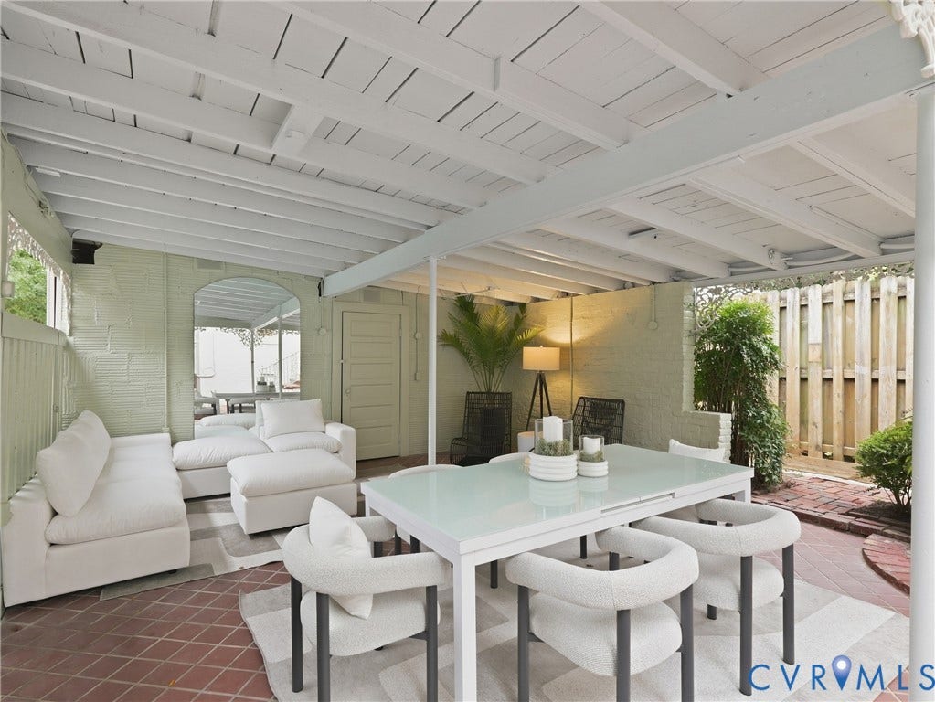1901 Hanover Avenue, Fan, Richmond, VA 23220 Covered outdoor patio with exposed beam ceiling, brick paver flooring, and privacy fencing