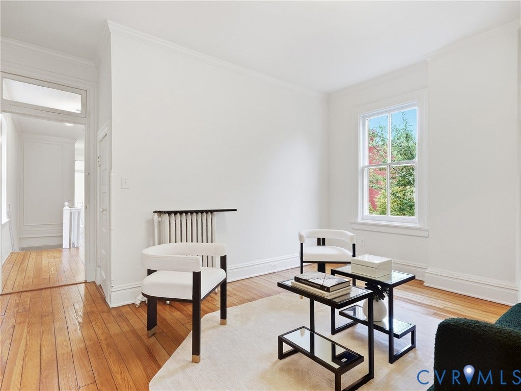 1901 Hanover Avenue, Fan, Richmond, VA 23220 Hardwood flooring throughout, white painted walls, crown molding, and a window with white trim
