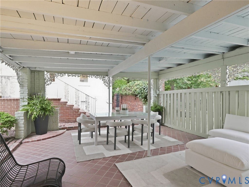 1901 Hanover Avenue, Fan, Richmond, VA 23220 Covered patio featuring red tile flooring, exposed beam ceiling, brickwork, and a slatted privacy fence
