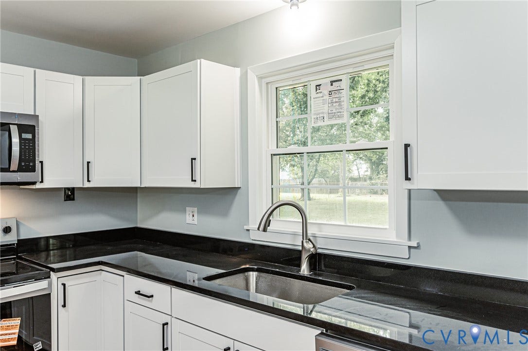 1724 Alaska Drive, Richmond, VA 23224 White shaker cabinetry with matte black hardware, dark countertops, undermount stainless steel sink, and a stainless steel faucet