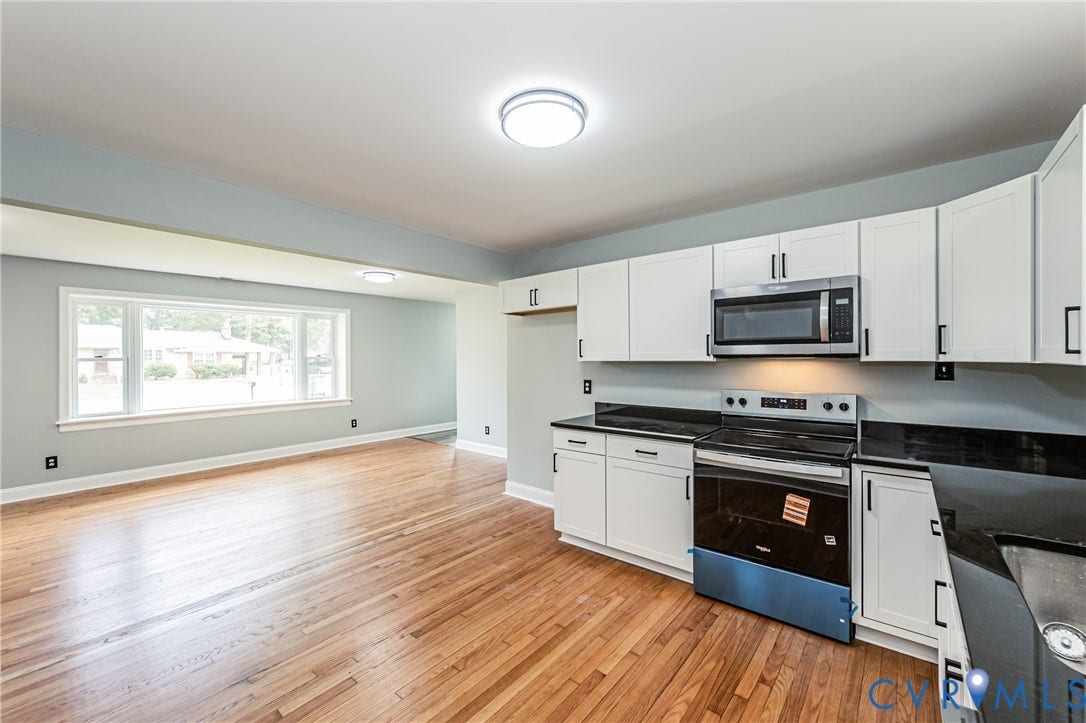 1724 Alaska Drive, Richmond, VA 23224 Hardwood flooring, white cabinetry, dark countertops, stainless steel microwave, and a built-in electric range