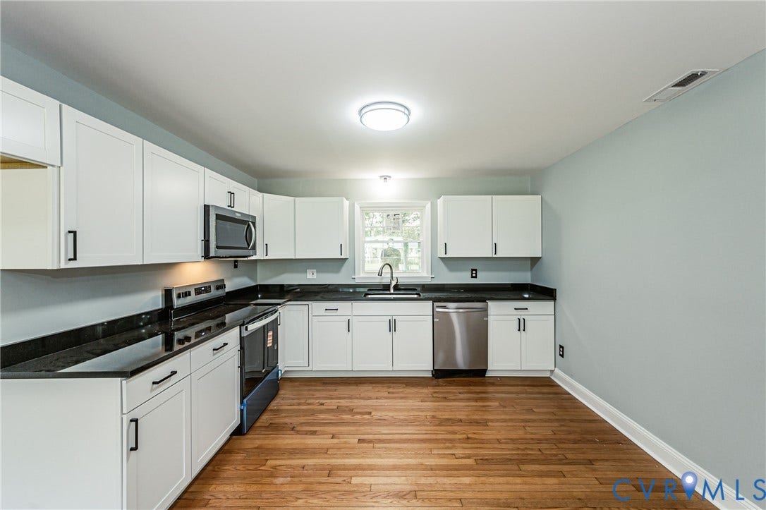 1724 Alaska Drive, Richmond, VA 23224 Kitchen featuring white shaker cabinetry, black countertops, stainless steel appliances, wood-finish flooring, and a window over the sink