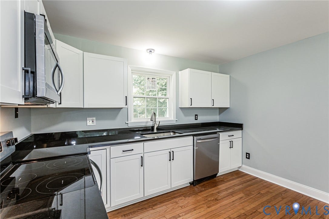 1724 Alaska Drive, Richmond, VA 23224 White cabinetry, black countertops, stainless steel appliances, wood-finish flooring, and a window with muntins