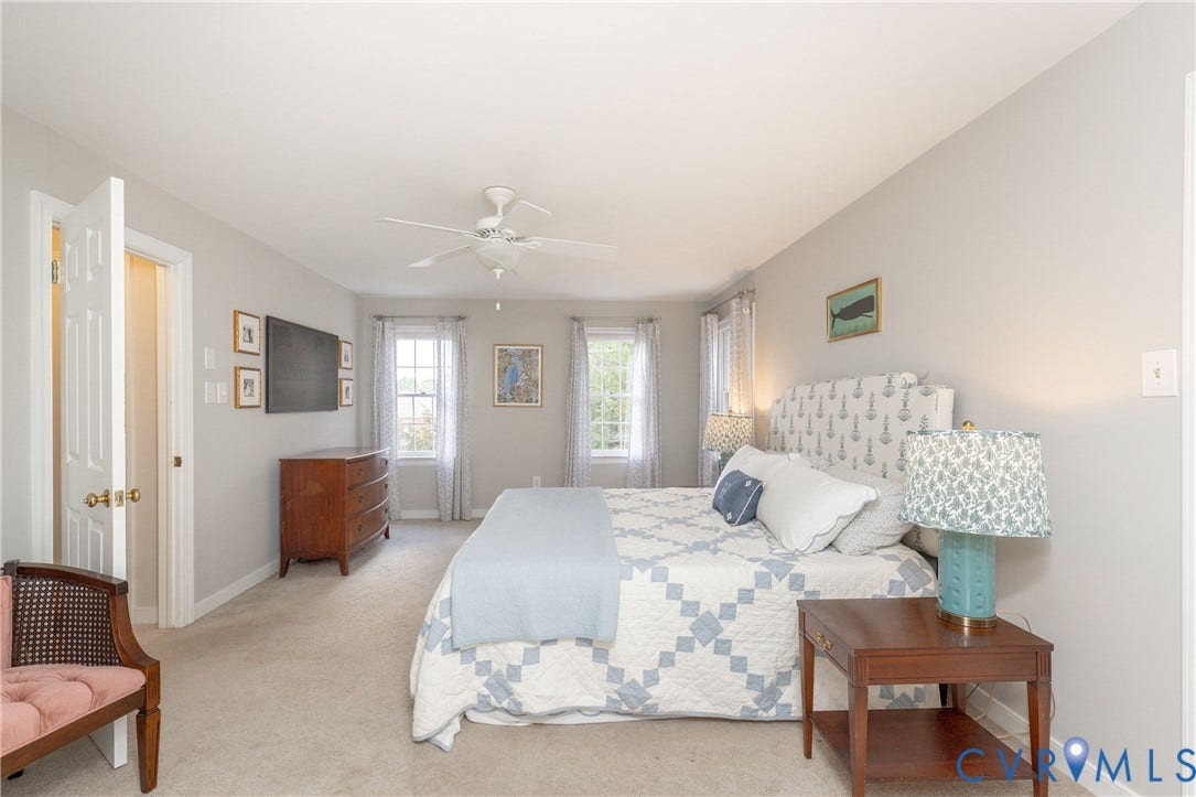 2120 Willowick Lane, Henrico, VA 23238 Carpeted bedroom with neutral wall tones, a ceiling fan, and multiple windows with drapery