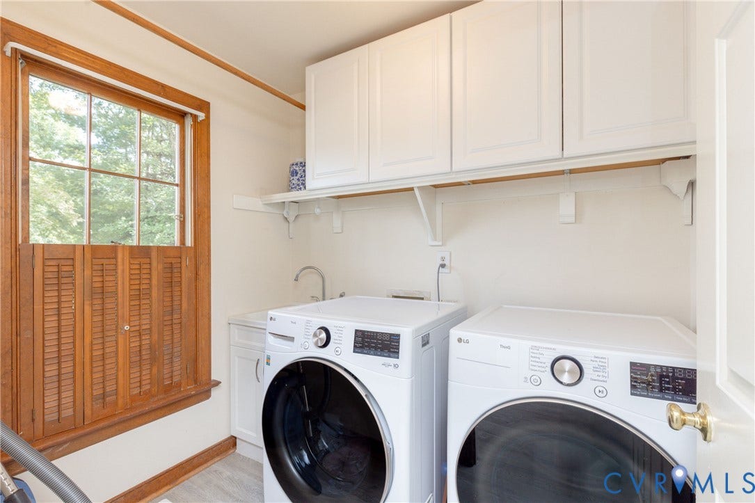 2120 Willowick Lane, Henrico, VA 23238 White cabinetry, wall-mounted shelving, utility sink, window with wooden shutters, and wood-finish trim