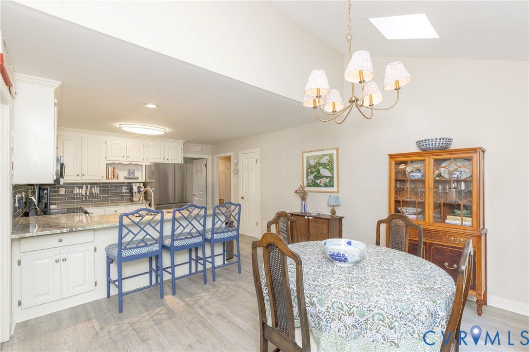 2120 Willowick Lane, Henrico, VA 23238 Vaulted ceiling with skylight, wood-finish flooring, white cabinetry, integrated kitchen island, and stainless steel appliances