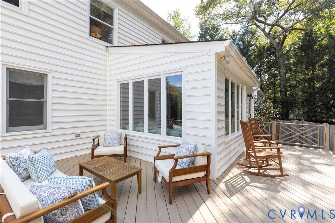2120 Willowick Lane, Henrico, VA 23238 Expansive wood-finish deck with geometric railing and a bay window extension