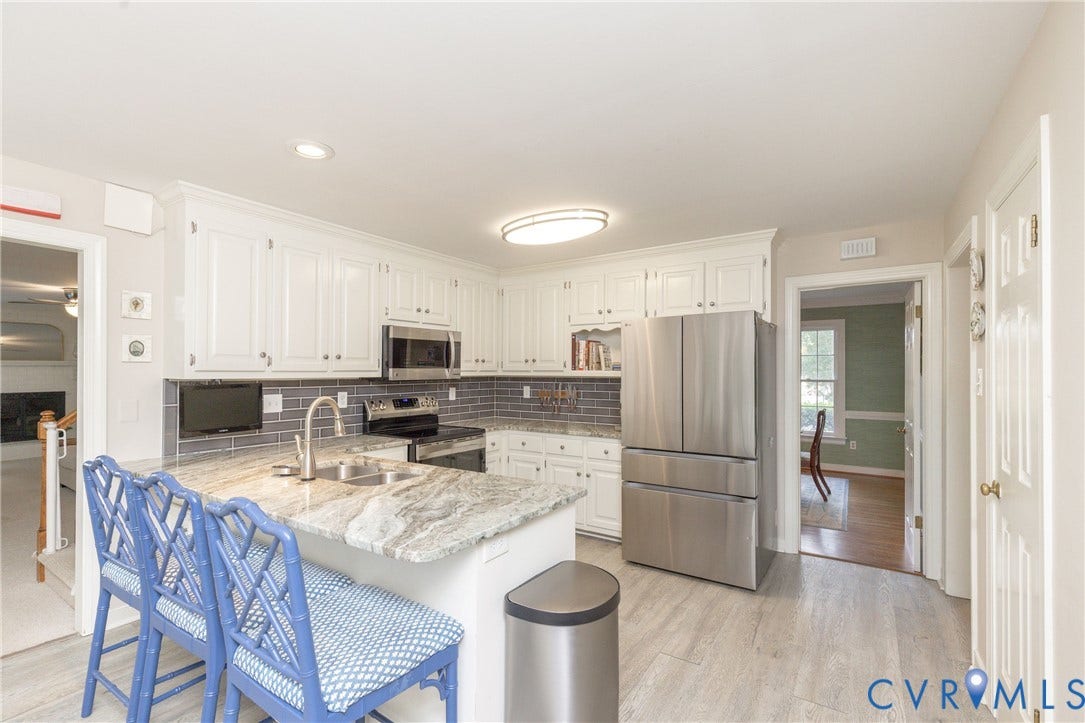 2120 Willowick Lane, Henrico, VA 23238 Kitchen featuring white cabinetry, stainless steel appliances, a center island with a sink, grey subway tile backsplash, and light wood-finish flooring