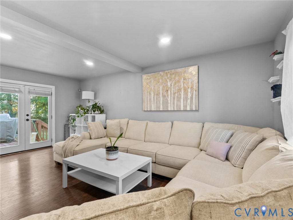 6507 Fairpines Road, North Chesterfield, VA 23234 Wood-finish flooring, recessed lighting, and white French doors with integrated blinds