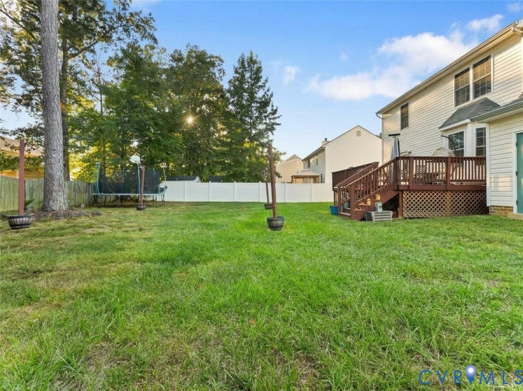 6507 Fairpines Road, North Chesterfield, VA 23234 Spacious rear yard with a wooden privacy fence and a composite deck with stairs