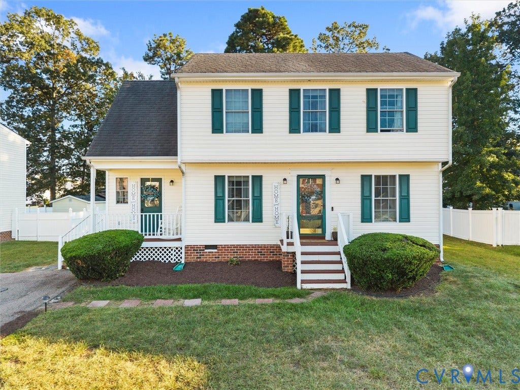 6507 Fairpines Road, North Chesterfield, VA 23234 Two-story residence featuring white siding, green shutters, and a covered front porch with white railings