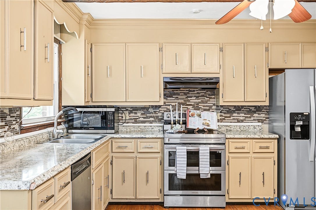 13310 Gladehill Road, Hidden Valley Estates, Chesterfield, VA 23831 Kitchen featuring light-toned cabinetry, granite-style countertops, a mosaic tile backsplash, and stainless steel appliances including a refrigerator and range