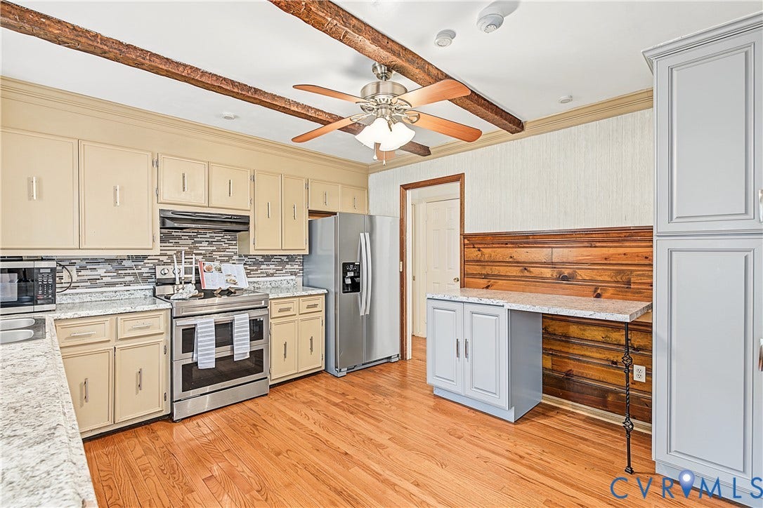 13310 Gladehill Road, Hidden Valley Estates, Chesterfield, VA 23831 Kitchen featuring wood-finish flooring, exposed ceiling beams, white cabinetry, stainless steel appliances, and a tiled backsplash