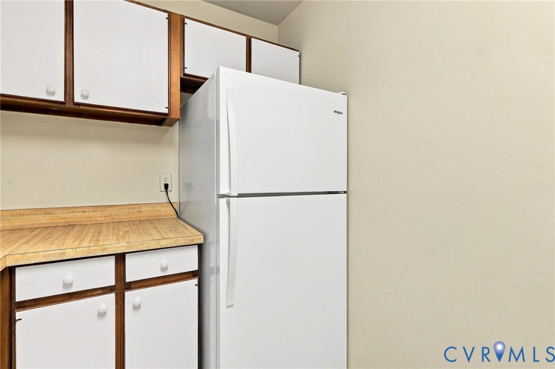 12 Snughaven Road, Hamlet, Henrico, VA 23228 White upper and lower cabinetry with wood-finish trim, wood-finish countertops, and white refrigerator