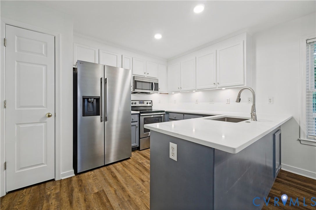 15724 Winding Ash Drive, Chesterfield, VA 23832 Kitchen featuring wood-finish flooring, white cabinetry, stainless steel appliances, and an island with a built-in sink