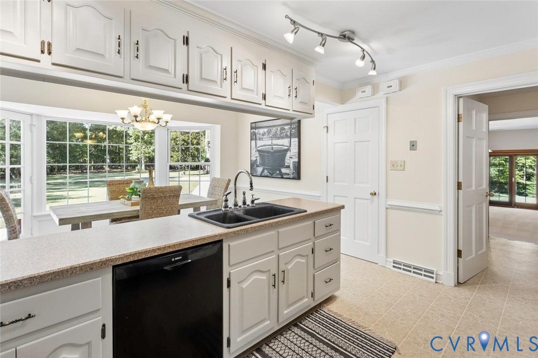 Kitchen featuring white cabinetry, a black double basin sink, and integrated dishwasher