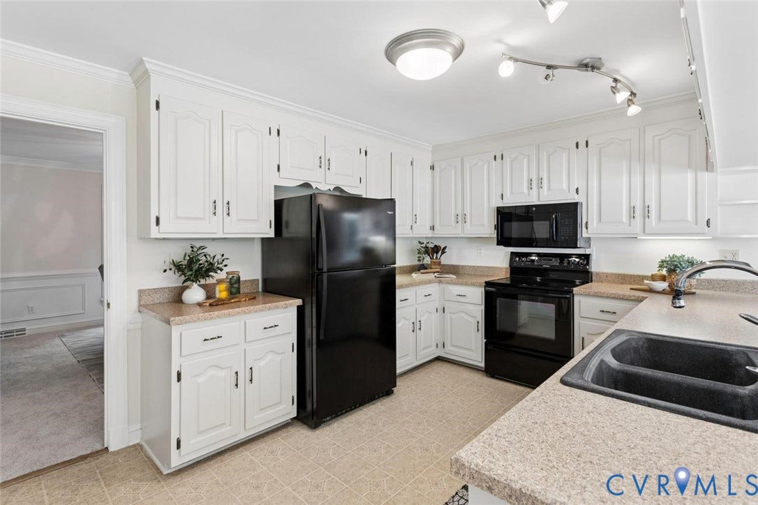Kitchen featuring white cabinetry, black appliances, a black double-basin sink, and light-colored countertops