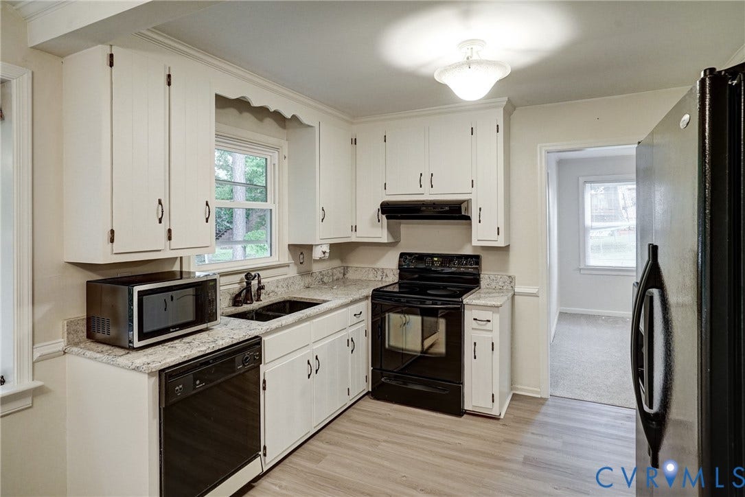 2602 Seacliff Court, Richmond, VA 23236 White cabinetry with black hardware, granite-style countertops, stainless steel sink with a matte black faucet, black electric range, and wood-finish flooring
