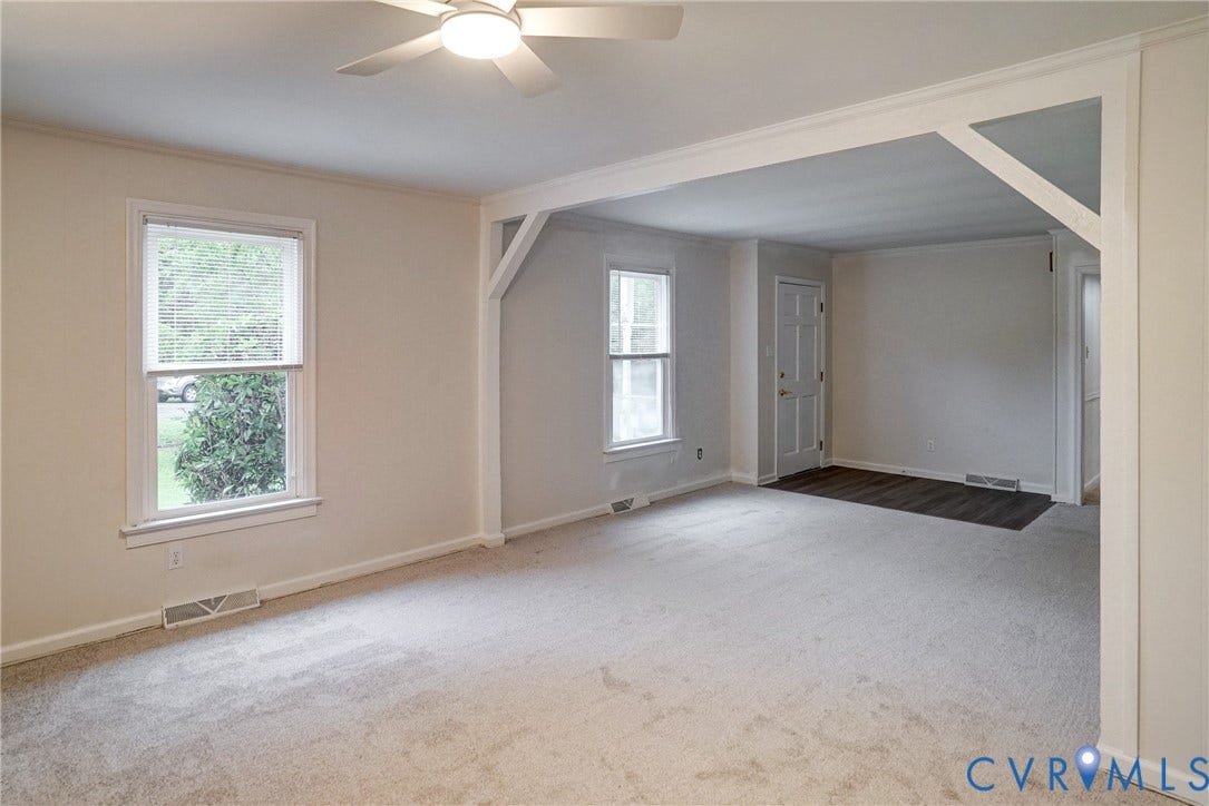 2602 Seacliff Court, Richmond, VA 23236 Recessed lighting with ceiling fan, white trim, light-colored walls, carpeted flooring, and dark wood-finish flooring
