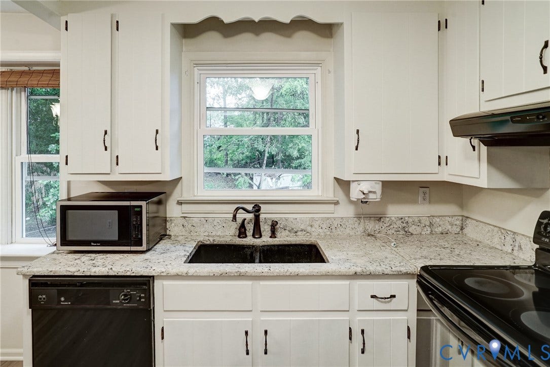 2602 Seacliff Court, Richmond, VA 23236 White paneled cabinetry, light-toned countertops, black double-basin sink with a dark-toned faucet, and a black dishwasher