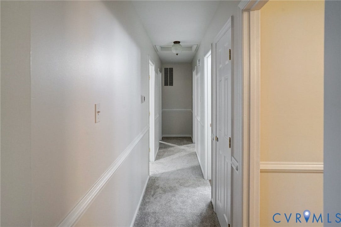 2602 Seacliff Court, Richmond, VA 23236 Carpeted hallway with white interior doors, chair rail, and a semi-flush mount ceiling light