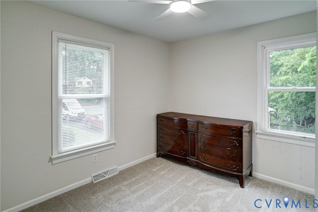 2602 Seacliff Court, Richmond, VA 23236 Bedroom 3, Carpeted flooring, ceiling fan with integrated lighting, and two windows