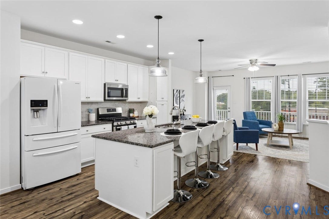 10420 Perennial Drive, Ridgefield Green Townhome, Henrico, VA 23233 Open-concept living area with wood-finish flooring, white cabinetry, a kitchen island with seating, and multiple windows