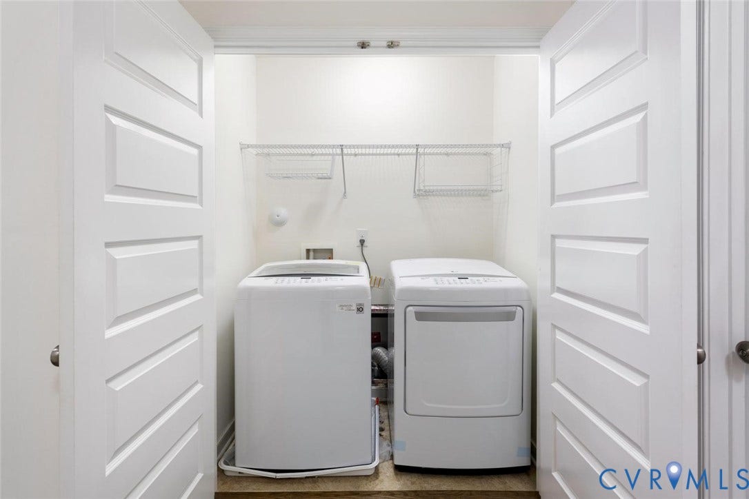 10420 Perennial Drive, Ridgefield Green Townhome, Henrico, VA 23233 Enclosed laundry area featuring paneled bifold doors, integrated shelving, and white walls