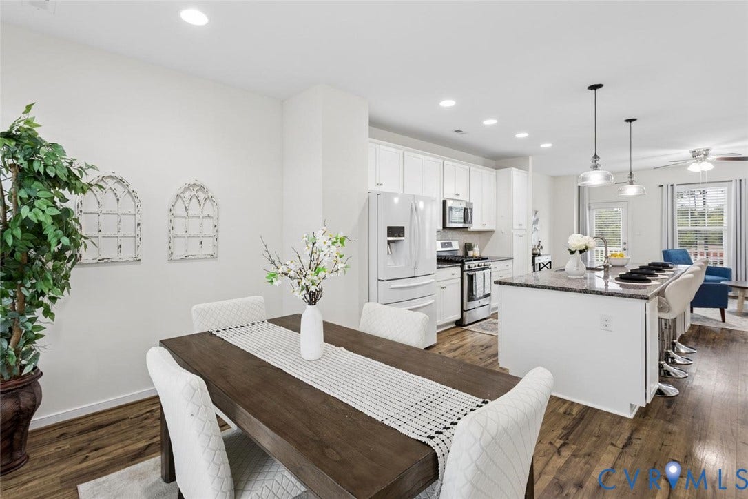 10420 Perennial Drive, Ridgefield Green Townhome, Henrico, VA 23233 Wood-finish flooring, recessed lighting, white cabinetry, granite-finish countertops, and stainless steel appliances