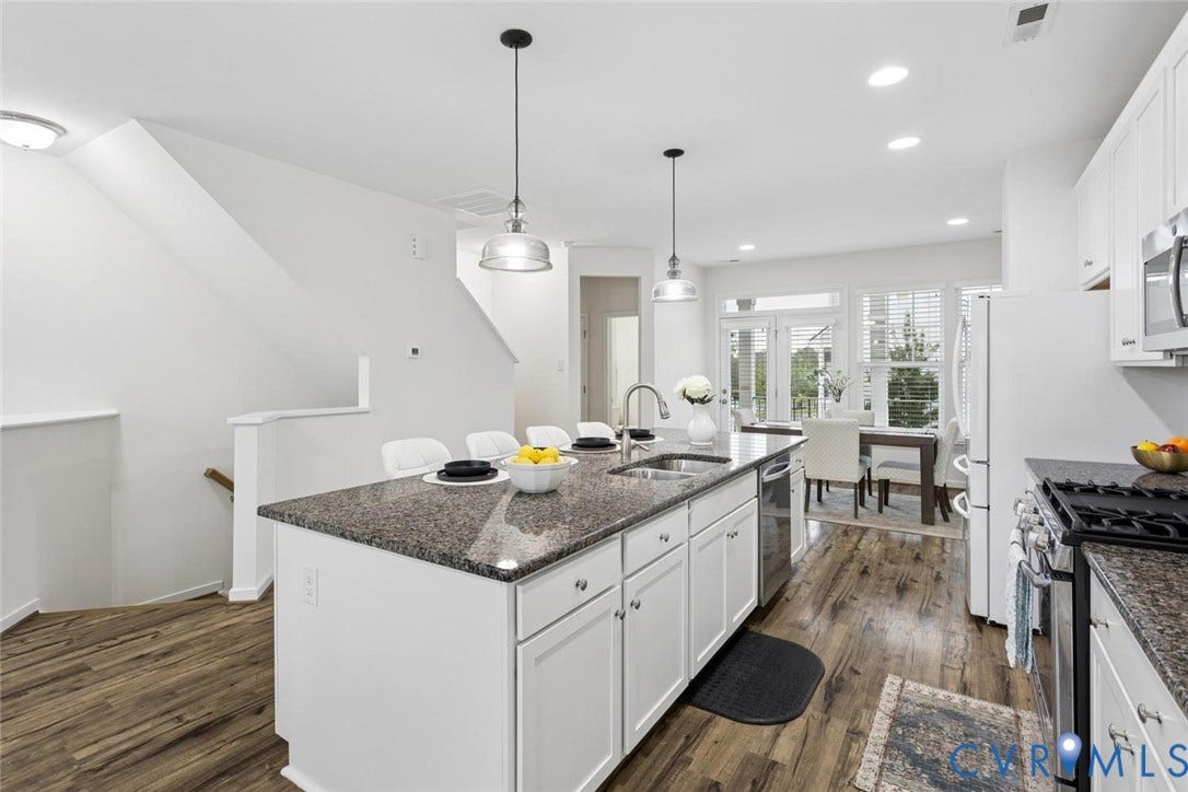 10420 Perennial Drive, Ridgefield Green Townhome, Henrico, VA 23233 Kitchen island featuring a granite countertop, undermount sink, and two pendant lights